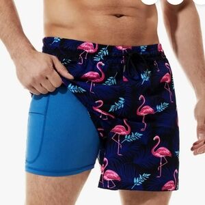 Tropical Flamingo Men's Swim Trunks - Navy and Pink XL Light Compression Liner